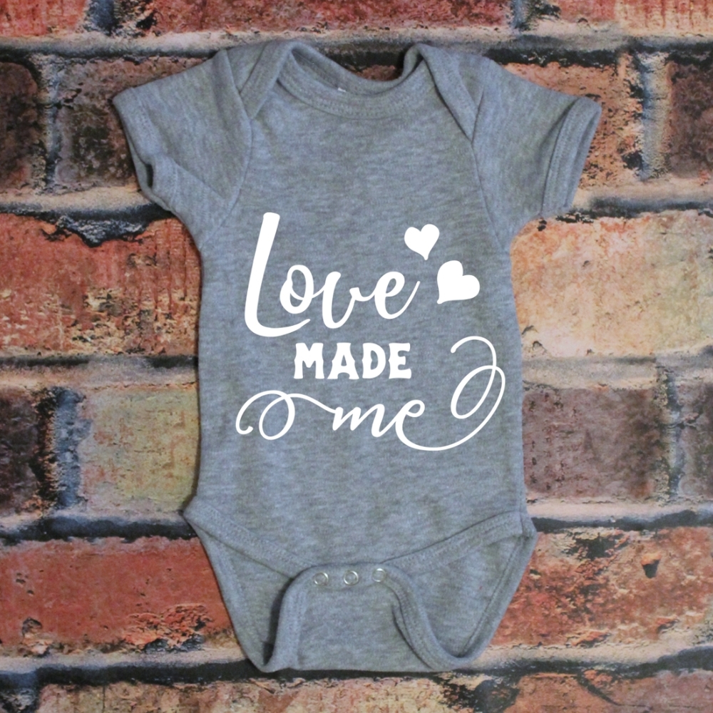 ❤️ Love Made Me - custom grey baby onsie gift